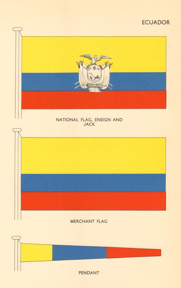 ECUADOR FLAGS. National Flag, Ensign and Jack, Merchant Flag, Pendant 1955